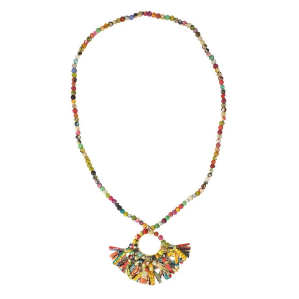 Worldfinds Fringed Kantha Hoop Pendant Necklace Handmade India Multicolor